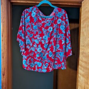 Women’s Red Floral Blouse with Blue Print